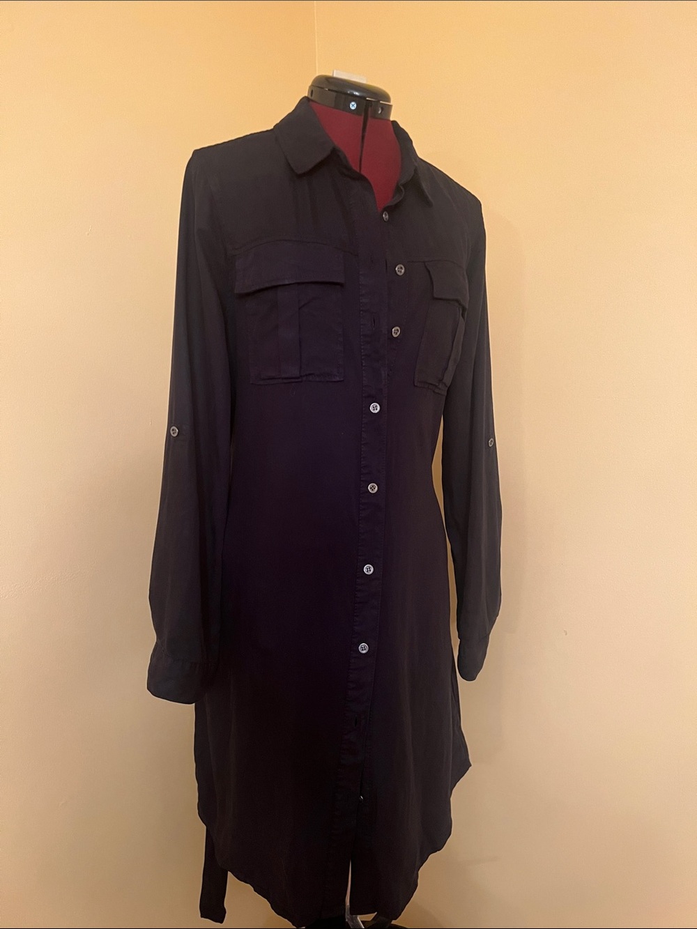 NWT Velvet Heart Black Tencel Utility Shirt Dress M roll tab sleeves